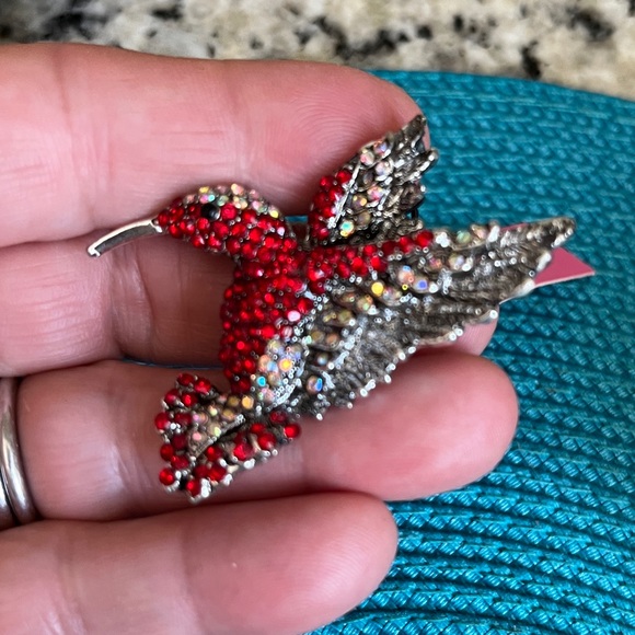 Rare! NWT Betsey Johnson Red Silver Rhinestone Hummingbird or Pendant - Picture 5 of 9